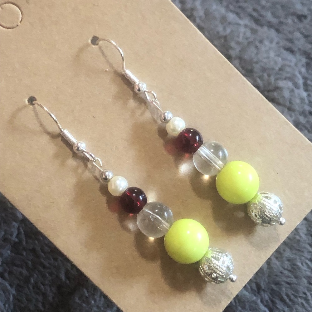 Handcrafted genuine stone almandine garnet chartreuse dangle earrings